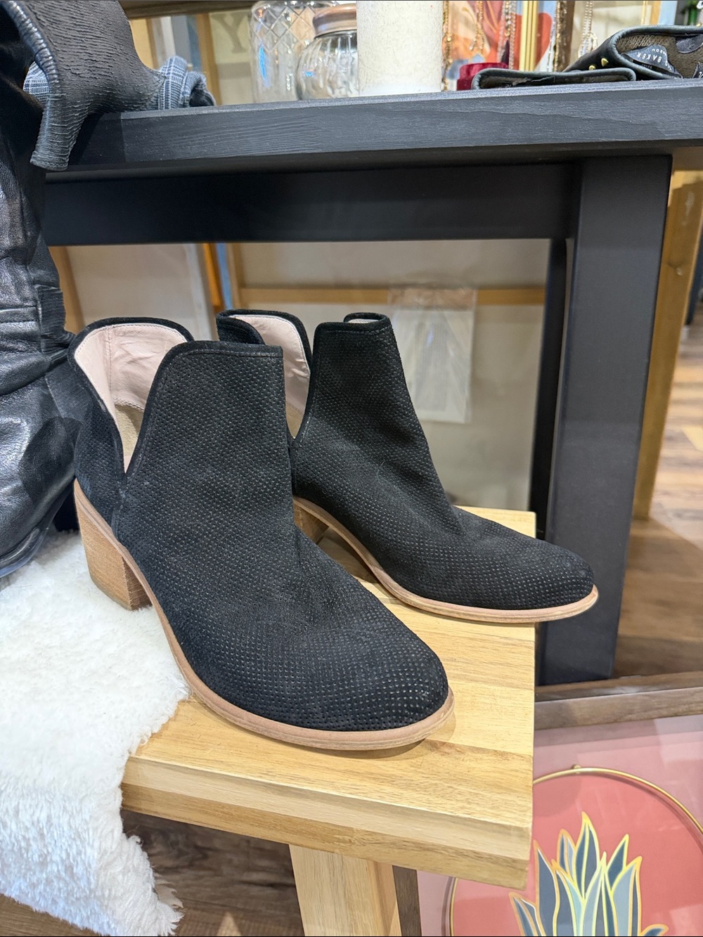 bp Black Suede Cutout Ankle Booties with Wooden Heel